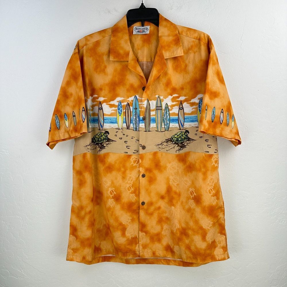 Vintage Pacific Legend Shirt Mens L Orange Tie Dye Surf Board Hawaiian Tropical